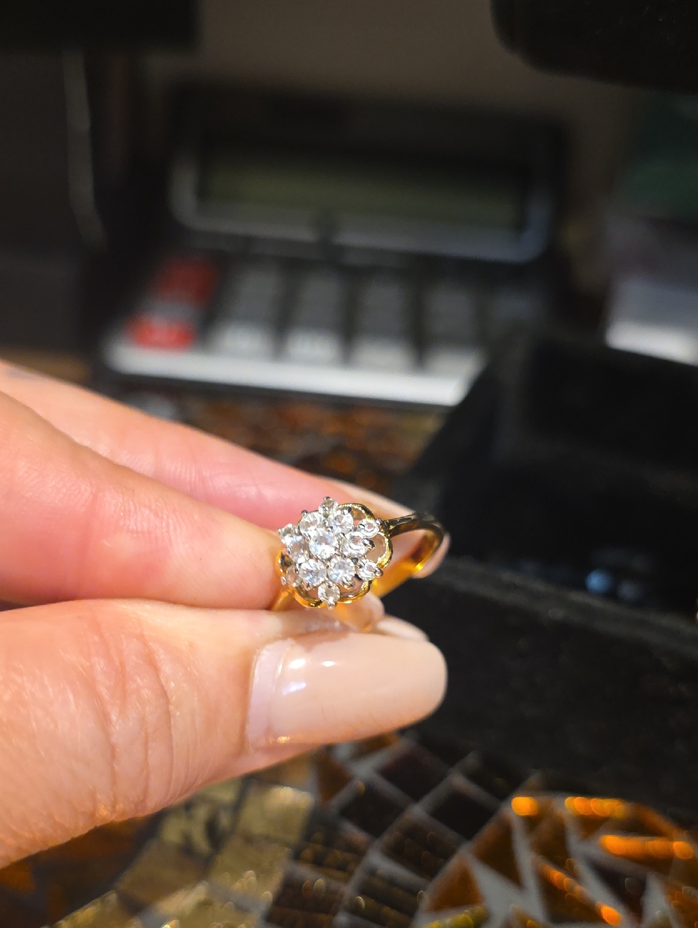 Source Unknown Gold Floral Cluster Ring with Clear Stones